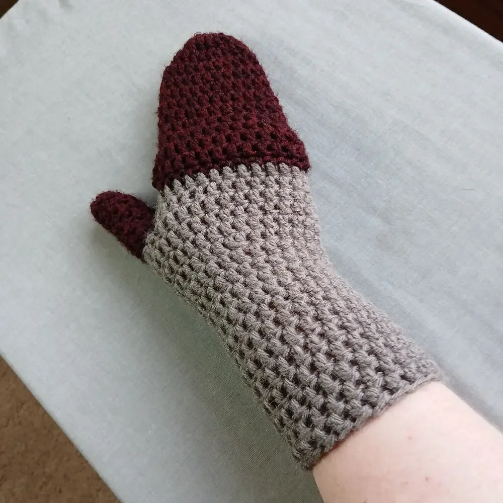 Convertible Crochet Fingerless Mitten Gloves adult size two-tone neutral premade